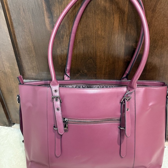 Brand New Elegant Plum Structured Tote Bag with Silver Hardware - Picture 4 of 13
